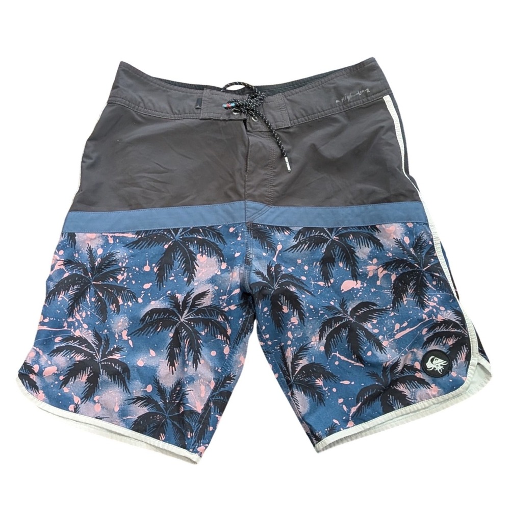 Quiksilver‎ DryFlight Boardshorts Sz 30 Blue Pink Palm Tree Tropical Surf Shorts